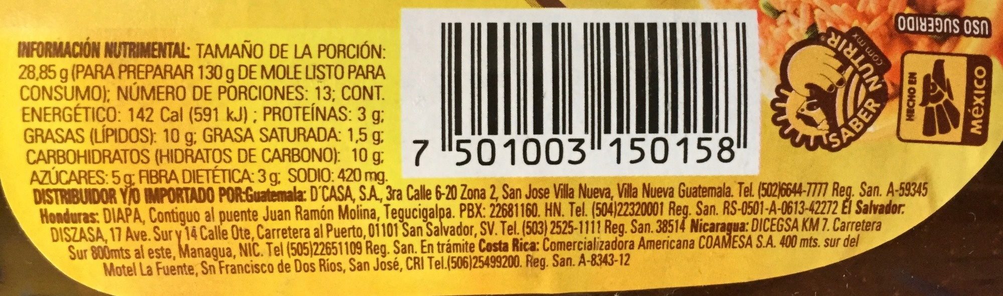 cuantas calorias tiene el mole