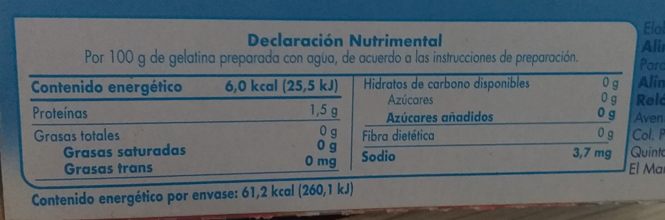 cuantas calorias tiene la gelatina