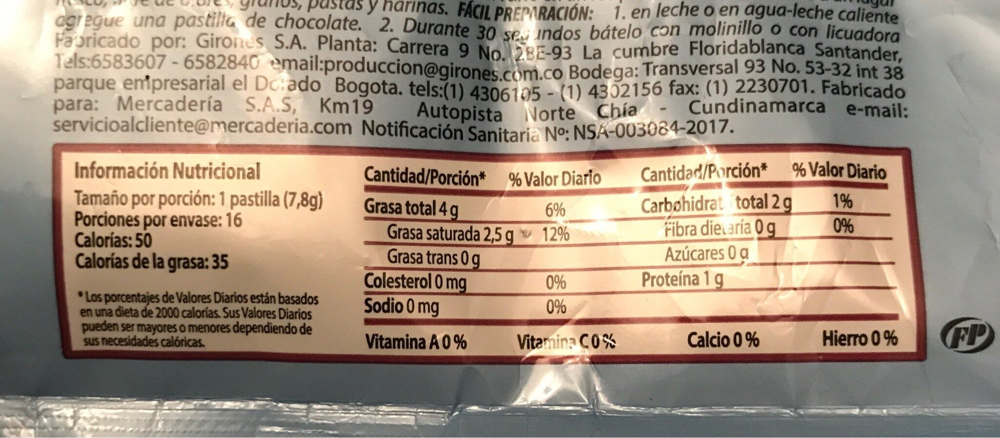 cuantas calorias tiene un chocolate